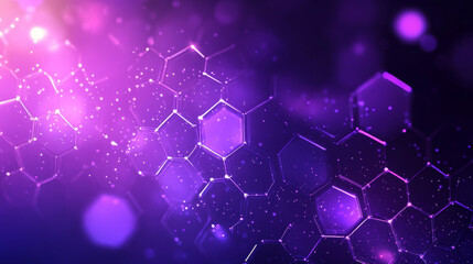Purple pastel medical and tech background with hexagon pattern and bright sparkles. Realistic vector abstract bg with honeycomb geometric cell texture for medicine and science technology design.
