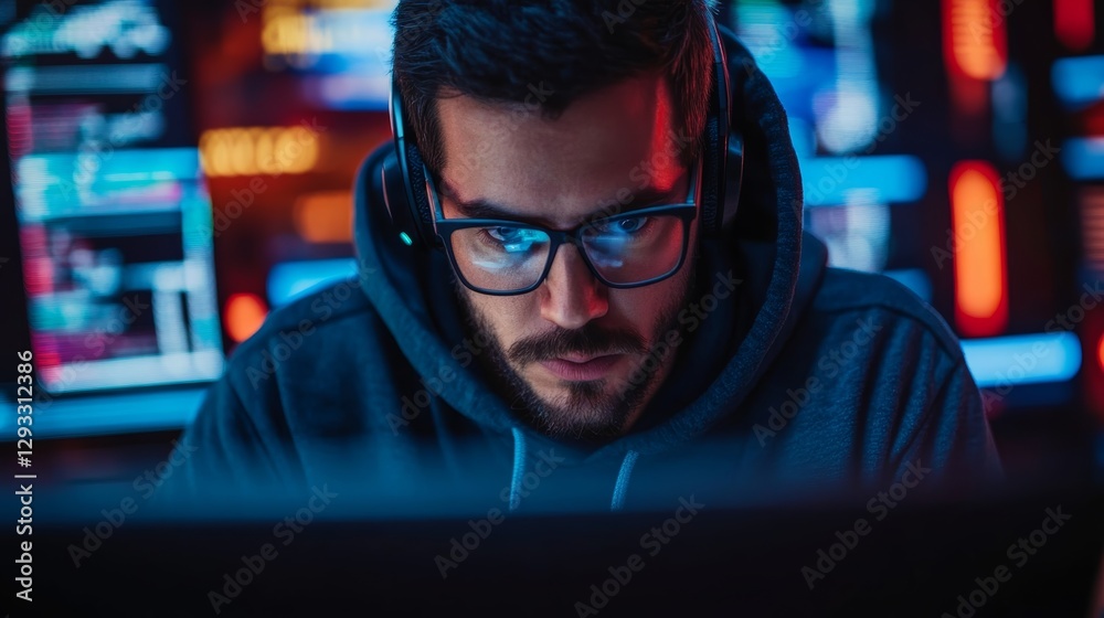 Poster A focused gamer wearing glasses and headphones, immersed in a digital world, surrounded by vibrant screens displaying data and graphics.