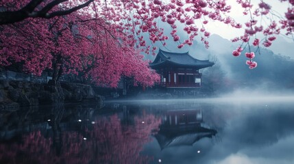breathtaking Japanese landscape with blooming cherry blossoms and gentle fog, serene and vibrant focus, traditional and dreamy composition