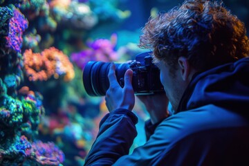 researcher photographing underwater coral formations, vibrant and biodiverse marine habitat, dynamic and focused study, professional expertise in ecology, innovative work