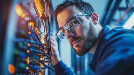 A technician in glasses works on server equipment, surrounded by cables and lights, focused on maintaining network systems.