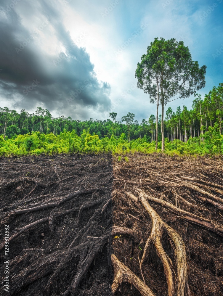 Poster deforestation and reforestation contrast showcasing environmental impact and the importance of prote