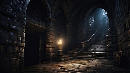 1. **A Shadowy Tunnel Awaits at the End of a Dimly Lit Stairway, Illuminated by Beams of Light**