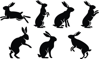 Easter bunny silhouettes, rabbit clip art set, isolated decorative elements for the holidays
