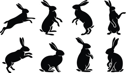 Easter bunny silhouettes, rabbit clip art set, isolated decorative elements for the holidays
