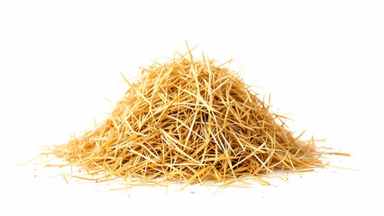 A heap of golden dried hay rests against a white background