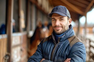 novice equestrian preparing for riding in stable