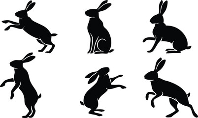 Easter bunny silhouettes, rabbit clip art set, isolated decorative elements for the holidays
