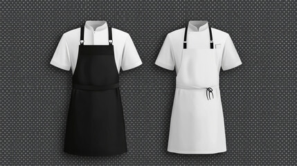 Waist apron, chef kitchen uniform mockup. Black and white clothing front and rear view isolated on transparent background. Restaurant staff protective apparel design, Realistic 3d vector illustration
