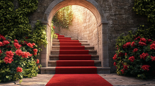 Medieval castle interior, wooden arched door with potted flowers, stone stairs with red carpet and brick wall, entry to palace with sunlight fall through window. Fairytale Cartoon vector scene