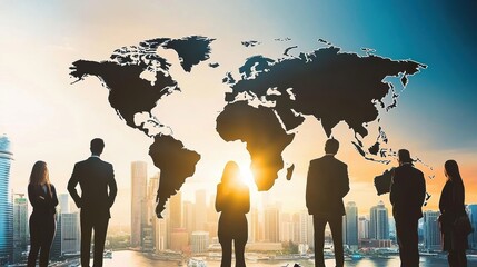 Strategic business planning session overlooking global cityscape modern office environment professional team collaboration