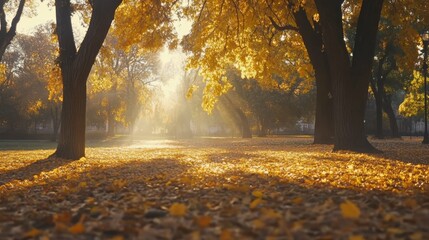 autumn park with golden leaves and sunlight streaming through trees, serene and detailed, focus on seasonal beauty and tranquility