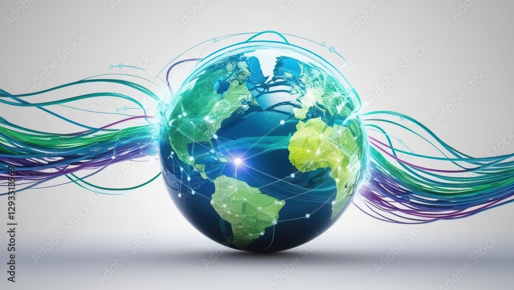 Poster global globe with a network of connected lines representing communication and interaction worldwide