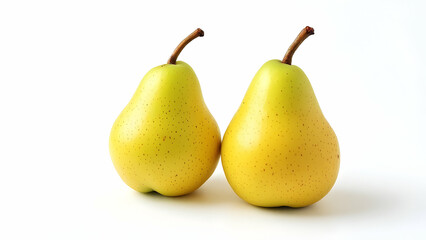 Two fresh pears rest on a clean white background