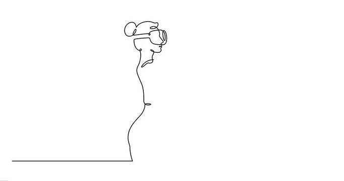 Continuous one line drawing woman in virtual reality. Girl in VR headset. High technology.