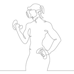 Continuous one line drawing woman in virtual reality. Girl in VR headset. High technology.
