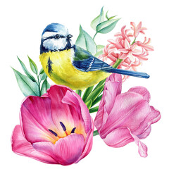 Obraz premium watercolor birds, spring floral bouquet. Delicate songbird with garden flowers, realistic nature inspired bird, flower 