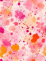 pink and red pattern of splattered dots in an abstract style. The background is a mix of soft pinks with hints of orange and yellow accents