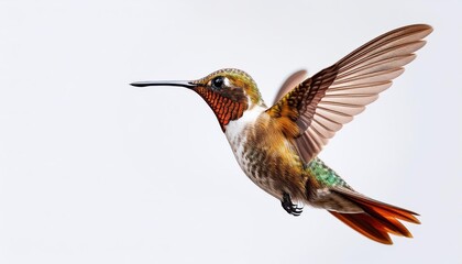 Vibrant AIGenerated Hummingbird in Striking Flight Against a Pure White Backdrop, Capturing the Grace and Agility of Natures Tiniest Aviators