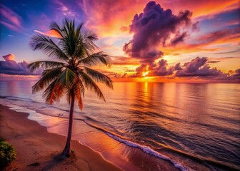 Serene Sunset: Palm Tree Silhouette on Ocean Beach at Dusk