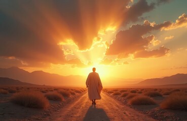 Man walks into sunbeams through desert road. Faith journey. Spiritual walk into setting sun. Hope, believe. Motivational religious themes. Heaven path. Dramatic cloudscape. Warm light. Desert