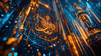 Abstract Digital Art Islamic Calligraphy Futuristic Design Orange Blue Glow Lines Modern Technology Background Elegant Pattern Digital Illustration Graphic Resource High Resolution Image Premium      