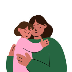 Mother and daughter hugging illustration for Mother's Day celebration. Flat minimalist illustration.Perfect for Mother's Day cards, social media posts, website banners, or family-related content.