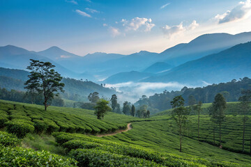 A photo of a green tea garden in a valley with bluish mountains.