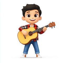 A cheerful animated character wearing a checkered shirt plays a guitar, embodying a fun and musical vibe.