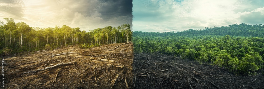 Aufkleber contrasting deforested land and thriving forest highlights urgent need for nature conservation effor