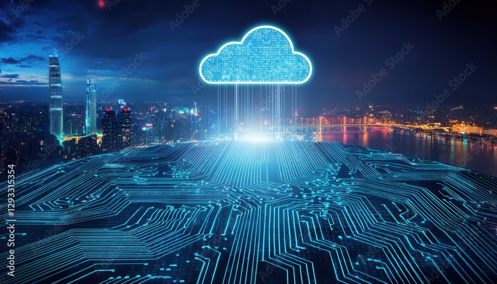 Poster cloud forming above a circuit board representing cloud computing and advanced technology concepts