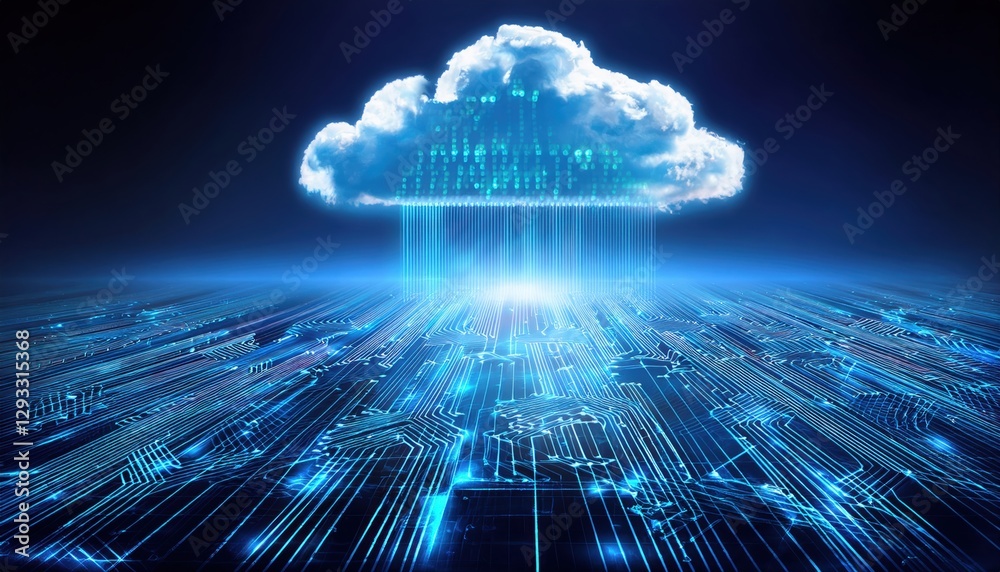 Poster cloud computing concept represented with a network of data flowing through a digital cloud space