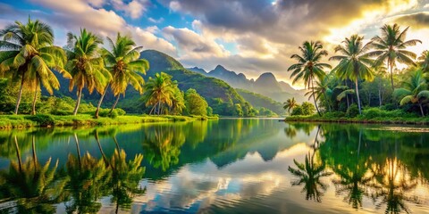 Serene Tropical Lake: Majestic Mountains, Lush Palm Trees, Peaceful Landscape