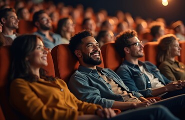 Diverse group of people in theater await event. Sitting in comfortable chairs, smiling. Positive emotions, excitement, anticipation of show, watching movie. Friends, family, colleagues together in