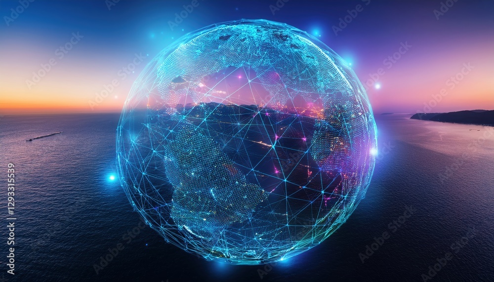 Poster sphere with a network of connected lines depicting modern technology and global communication system