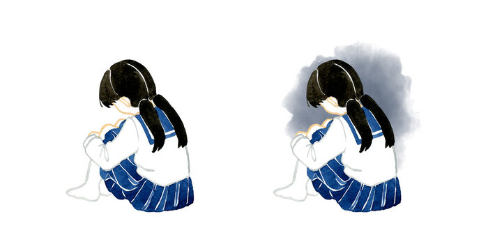膝を抱えるセーラー服の女の子の後ろ姿　人物の手描き水彩イラスト素材