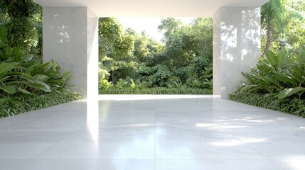 Modern white pavilion with lush green tropical garden view. Empty space for product placement. Potential use showcasing interior design, lifestyle products
