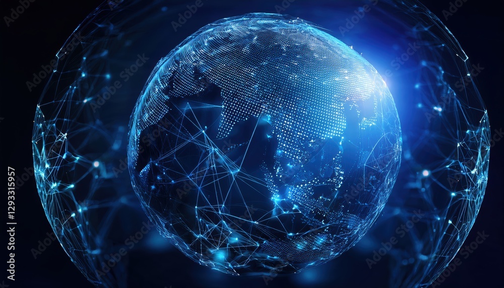 Poster globe featuring a dense network of dots symbolizing global interconnections and data flow