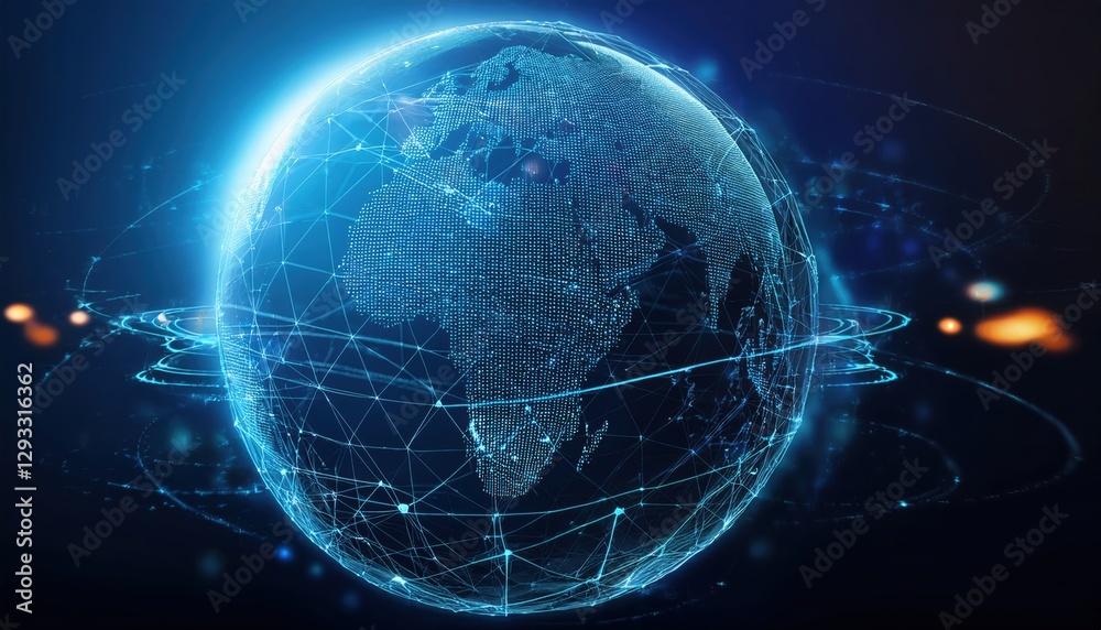 Poster globe featuring a network of lines and dots symbolizing global interconnectivity and data exchange