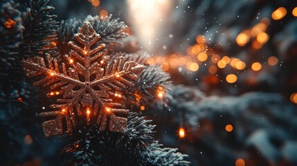 Fototapeta premium Festive snowflake ornament on snowy Christmas tree branch, bokeh lights in background