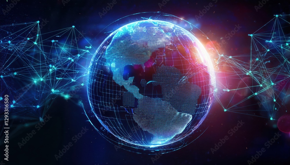 Poster dynamic globe surrounded by a complex network of connected lines representing global connectivity