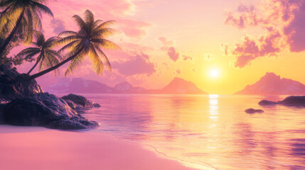 Sea beach landscape at sunset or sunrise with calm water, sand and palm trees on shore, rocks and mountains, pink and yellow gradient sky with clouds and sun. Cartoon vector summer evening scenery.