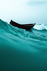 Fototapeta premium Small Boat Riding Ocean Wave Under Cloudy Sky