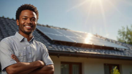 Closeup of happy black man standing in front of his private house in white shirt with solar panels for electricity on the roof of the house. Ecological energy concept