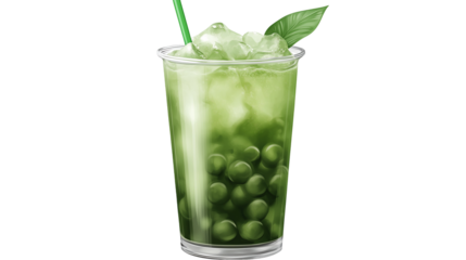 Refreshing Iced Matcha Green Tea Boba Drink Cup Art Cool isolated on transparent background