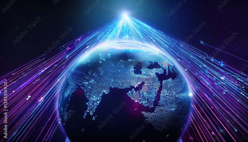 Poster striking globe with lines and lights creating a dynamic visual representation of global networks
