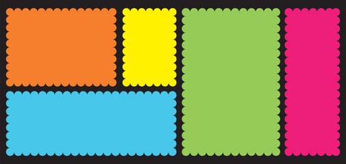 Colorful Wavy scallop Rectangle set. Geometric zig zag wavy stickers. Rectangular oval curved box element. zigzag edge frames..