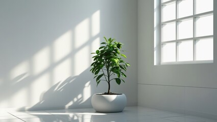 Minimalist Interior with Potted Plant on Glossy White Tiled Floor, Geometric Window Shadows and Natural Light in Serene Space, Generative AI