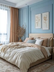 A Cozy Bedroom with a Bed and Decorated Wall
