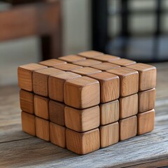 Wooden Cube Puzzle Blocks, Intricate 3D Geometric Design